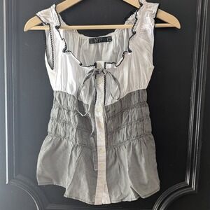 Milkmaid Top Gingham Smocked Waist‎ White Black Sleeveless Sz M Babydoll Y2K